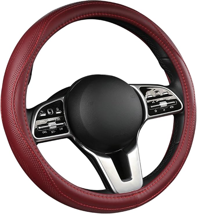 Genuine Leather Steering Wheel Cover, Real Cowhide for 14.5-16 Inch Steering Wheels, Universal Fit for Cars and Trucks (Red, 16inch)