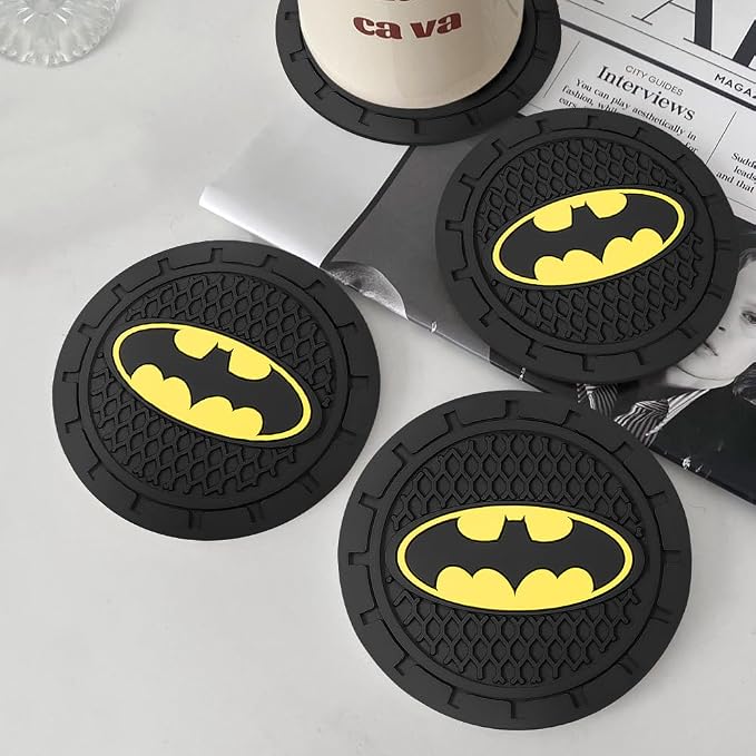 2Pcs Car Cup Holder Coasters for Bat Man Marvel Fans, Silicone Non-Slip Drink Mats, Cup Mats for Car Interior Accessories, Universal Anti-Spill Coaster Insert