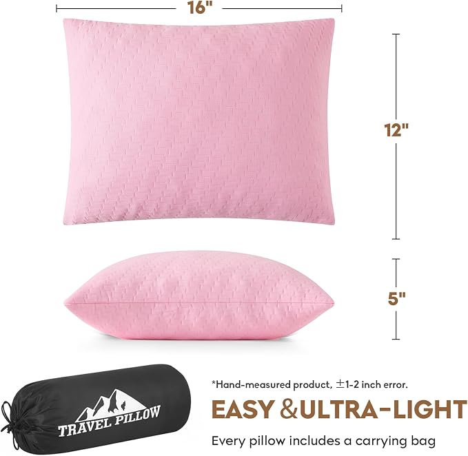 Small Shredded Memory Foam Pillow, Camping Pillow Travel Pillow - Compressible Medium Firm, Breathable Cover, Ideal Backpacking Hiking, Airplane and Car (Apricot Pink, S)
