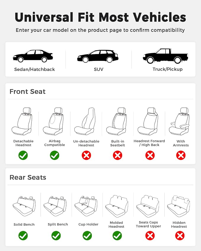 Huidasource Car Seat Cover Universal Fit for Most Cars, Vans,Trucks,SUVs, Seat Covers Nappa Faux Leather, Car Seat Covers Protector Front ＆ Split Bench Rear Velcro Adjustment (Full Set/Black&Red)
