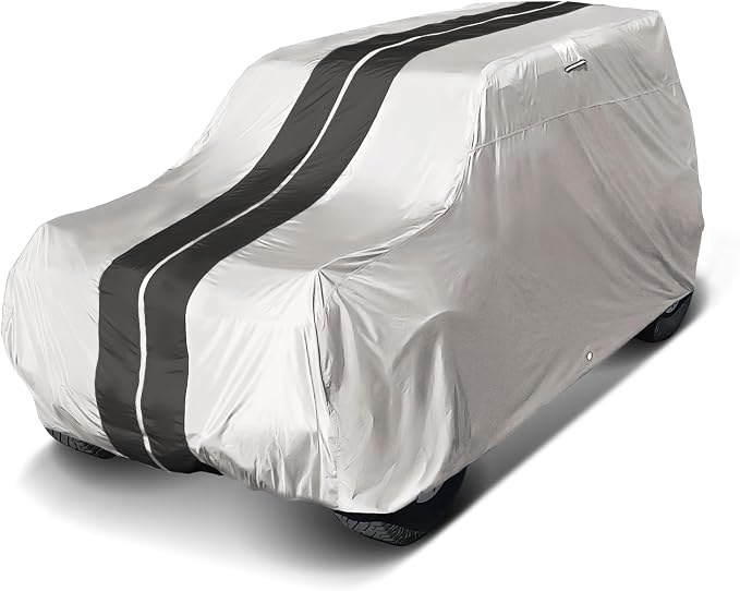 iCarCover Premium Heavy Duty SUV Car Cover - Waterproof All Weather Rain Snow UV Protection, Venue, Soul, XB, Defender 90, Tracker 4-Door, Samurai, Size S59 (See Size Chart), Stripe - Light Gray/Black