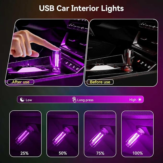 4 PCS USB Night Light Bulb,Touch Dimmable Retro Car Interior Ambient Light | Portable Glass Bottle Design Chubby Glow Light for Car, Truck , Bedroom, 2 Blue and 2 Purple Ambient Lighting