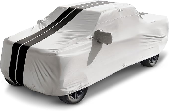 iCarCover Premium Heavy Duty Truck Car Cover - Waterproof All Weather Rain Snow UV Protection, Tacoma, Frontier, Explorer, Ranger, Colorado, Size T82 (See Size Chart), Stripe - Light Gray/Black