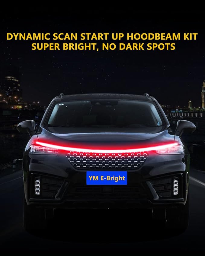 YM E-Bright Led Hood Light Strip Exterior Car Led Strip Light Waterproof Flexible DRL Dynamic Scan Start Up Hoodbeam Kit Daytime Running Lights for Car, Truck, SUV, 12V 59inch, Red, 1 Set