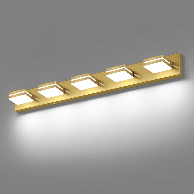 SineRise LED Modern Bathroom Vanity Light Fixtures (5-Light, 40-Inch), Brass Modern Acrylic Bathroom Wall Lighting Fixtures Over Mirror (Cool White 6000K)