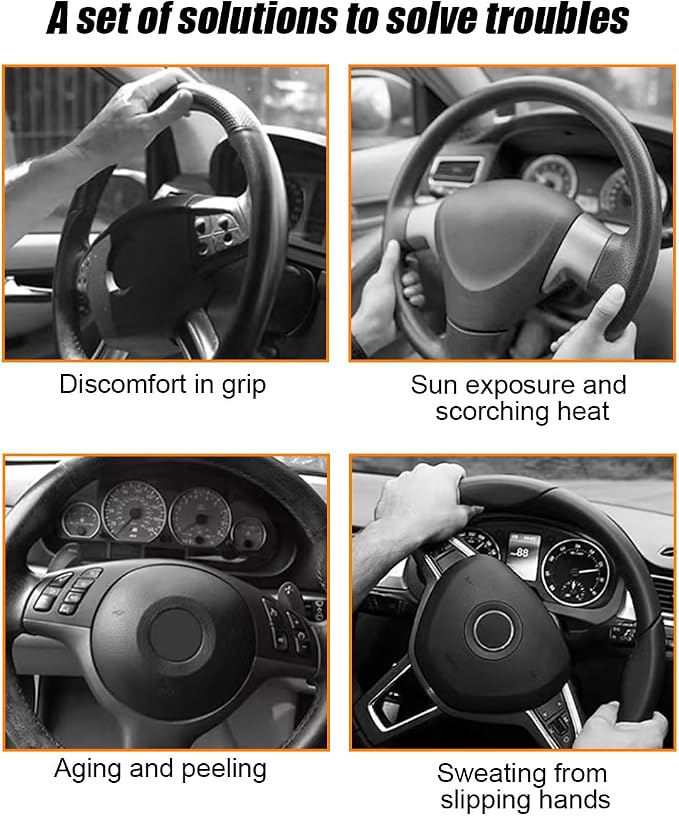 Carbon Fiber Car Steering Wheel Cover, Leather Breathable Automotive Wheel Protector, 15 Inch Anti-Slip Vehicle Interior Steering Accessories, Universal for SUV Truck Sedan (Silver Gray)