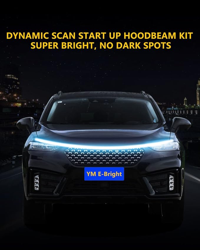 YM E-Bright Led Hood Light Strip Exterior Led Strip Lights for Cars Waterproof Flexible DRL Dynamic Scan Start Up Hoodbeam Kit Daytime Running Light for Truck, SUV, 12V 70inch, Ice Blue, 1 Set