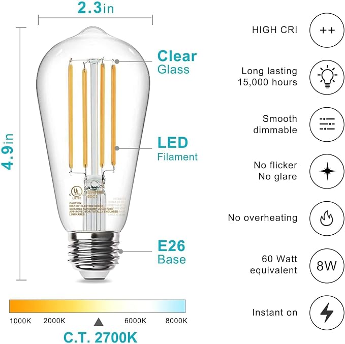 TJOY Edison Light Bulbs 60W Equivalent, Dimmable Vintage LED Light Bulbs, E26 Medium Base, Warm White 2700K, ST58, 8W, 800LM, 80+ CRI, Antique Decorative Filament LED Bulb, Clear Glass, 6 Pack