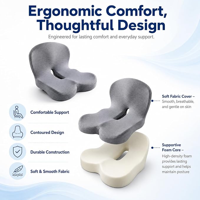 Orthopedic Memory Foam Car Seat Cushion for Sciatica & Back Pain Relief - Ergonomic Non-Slip Office Chair Cushion & Car Cushions for Long Driving with Lumbar Support, Universal Fit (Grey)
