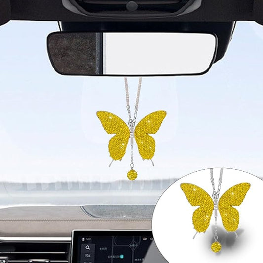 JOYCOURT Bling Butterfly Diamond Car Hanging Accessories for Women, Yellow | Crystal Butterfly Rear View Mirror Luck Car Decoration Accessories, Valentine's Day Presents Ornament Pendant for All Cars