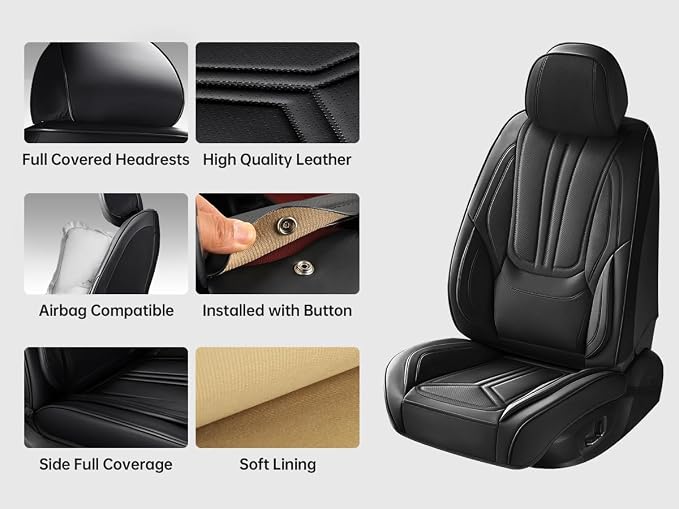Car Seat Covers Full Set Black, Premium Leather Car Seat Covers, Waterproof and Breathable Seat Covers, Universal Car Seat Protector Fit for Cars, Trucks, SUVs, Pick-ups