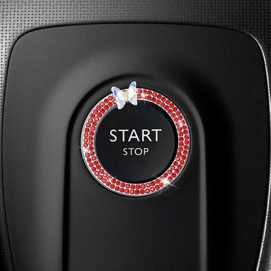 Bling Butterfly Car Engine Push Start Button Ring Sticker (Red) | Crystal Rhinestone Auto Key Ignition Knob Ring Emblem, Sparkling Auto Interior Decoration Accessories for Women