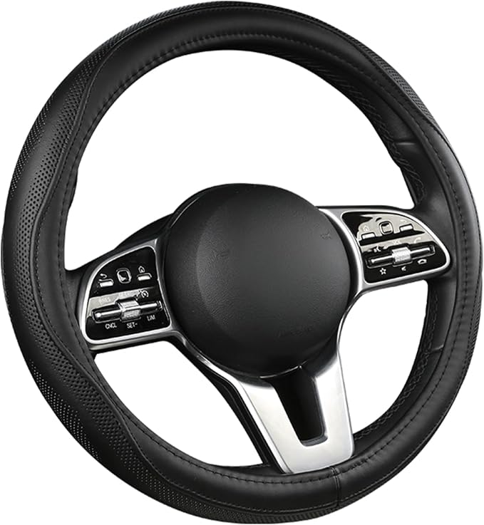 Genuine Leather Steering Wheel Cover, Real Cowhide for 14.5-16 Inch Steering Wheels, Universal Fit for Cars and Trucks (Black, 16inch)