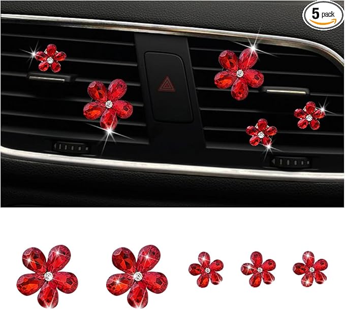 Zpana Bling Daisy Flower Car Air Vent Clips, 5PCS Sparkling Crystal Rhinestone Cute Vehicle Air Conditioning Clamp, Diamond Auto Air Outlet Clip Decor for Women Girls, Universal Fit (Red)