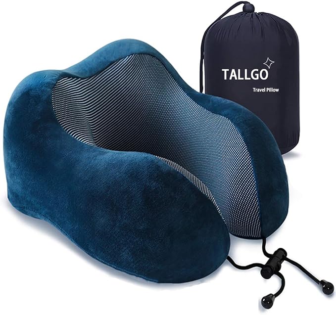 TALLGO Travel Pillow, Best Memory Foam Neck Pillow Head Support Soft Pillow for Sleeping Rest, Airplane Car & Home Use (Dark Blue)