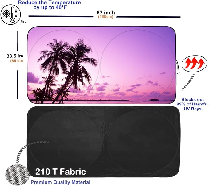 Gven Sunshade for Car Windshield with Tropical Palm Tree Design- UV Protection& Heat Blocking Sunshade for Cars Sedan SUV Truck| Keep Car Cool in Summer Beach Vacation Style (Sunset, L)