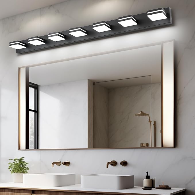 SineRise LED Modern Bathroom Vanity Light Fixtures (7-Light, 55-Inch, Dimmable), Matte Black Modern Acrylic Bathroom Wall Lighting Fixtures Over Mirror (Cool White 6000K)