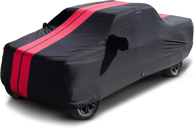 iCarCover Premium Heavy Duty Truck Car Cover - Waterproof All Weather Rain Snow UV Protection, Tacoma, Frontier, Explorer, Ridgeline, Ranger, Colorado, Size T82 (See Size Chart), Stripe - Black/Red