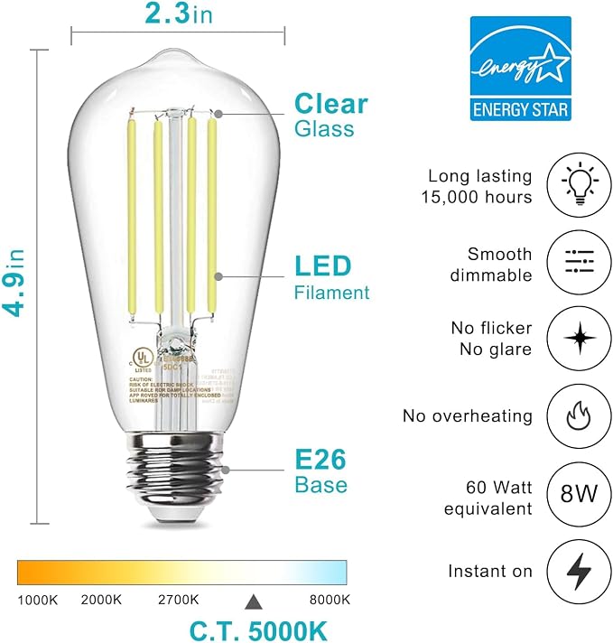 TJOY LED Edison Light Bulbs, E26 Dimmable Vintage Bulb, 8W = 60W Equivalent | Daylight White 5000K, 800LM, E26 Base, ST19/58, 80+CRI, Clear Glass, Antique Decorative Filament Bulb for Living Room, 6 Pack
