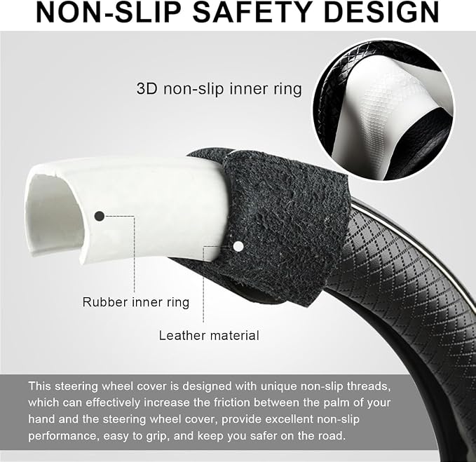 Car Steering Wheel Cover, 15 Inch Anti-Slip Breathable Leather Auto Steering Wheel Protector, Full Surround Soft Steering Wheel Cover for Men Women, Car Interior Accessories (Blue & White)