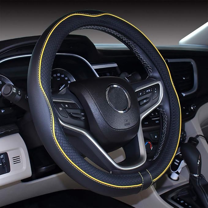 Mayco Bell Universal Standard Size Steering Wheel Cover Anti-Slip,Safety,Soft,Breathable,Durable,Full Surround,Comfortable Grip Microfiber Leather (14.5-15 inch,Black Yellow)