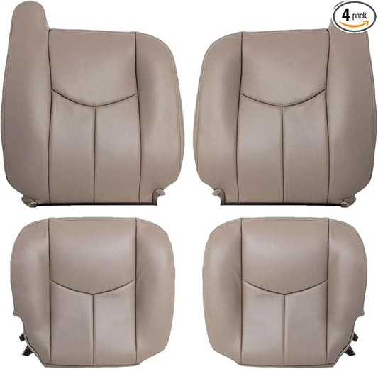 SecosAutoparts Tan #522 Front Driver and Passenger Side Bottom and Top Lean Back Replacement Leather Seat Cover Compatible with Chevy Silverado GMC Sierra 1500 2500 3500 HD 2003 2004 2005 2006 2007