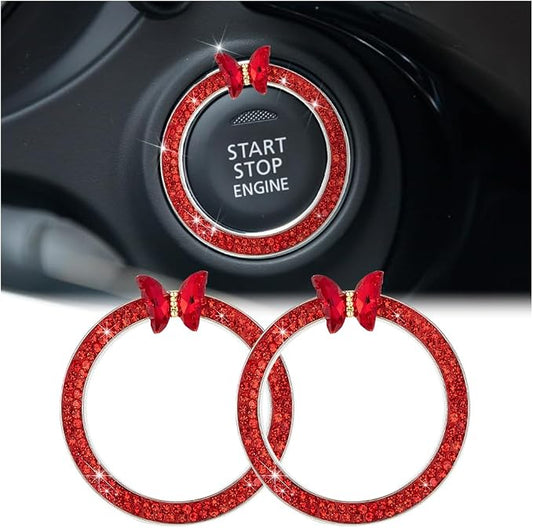 2PCS Bling Car Engine Start Stop Decoration Ring, Crystal Rhinestone Auto Push Start Button Ignition Ring Sticker, Vehicle Decor Accessories for Women Girls, Universal for Vehicles (Red)