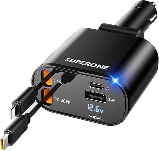 [Upgraded] SUPERONE Retractable Car Charger 4 in 1, Fast Car Phone Charger with Cord 2.6ft, USB C and Apple Car Adapter, Compatible with iPhone 17 16 15/15 Pro Max/14/13/12/11, Galaxy, Pixel