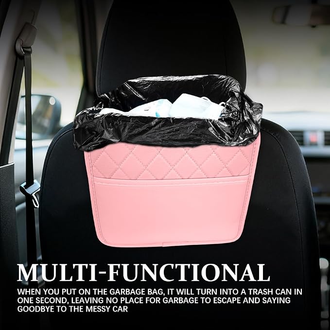 Car Seat Back Organizer, Leather Backseat Hanging Storage Bag, Multipurpose Car Hanging Trash Bag with 2 Compartments, Car Large Capacity Pouch Pocket for Kids & Adults (Pink)