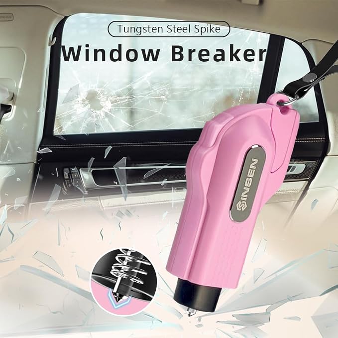 SINSEN Car Safety Hammer, 2-Pack Window Glass Breaker & Seatbelt Cutter, Emergency Keychain, Automotive Escape Kit and Survival Tool for Land/Underwater, Pink & White