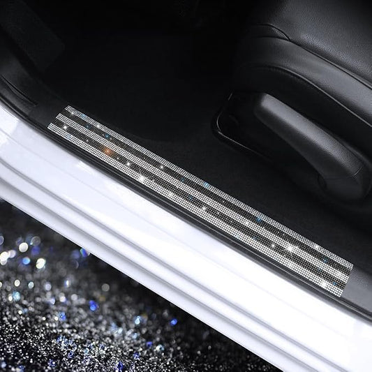 Luster Crystal Car Door Sill Plate Protectors, Bling Diamond Door Entry Guards Sill Scuff Cover Panel Step Protector Sticker with Sparkling Rhinestones Universal White & Black 2 Pcs