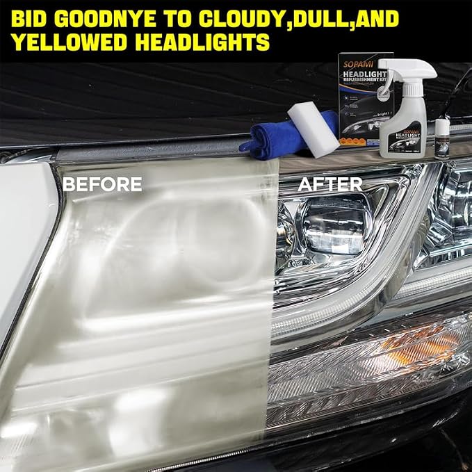 SOPAMI Automotive Headlight Restoration Kit - 6.09Fl Oz | Oxidized and Yellowed Automotive Headlamps Blurring Enhanced Crystallization Coating Refurbisher,Maximum Gloss & Shine