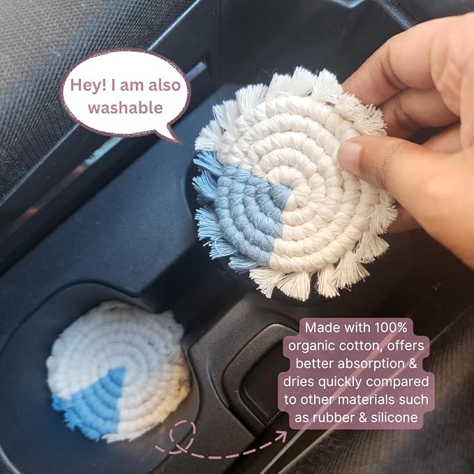 Cotton Car Coasters for Cup Holders, 2PC Car Cup Coasters, Drink Coaster Holder, Cute cupholder Coaster Accessories for Women, Macrame, Boho (Clear Sky)