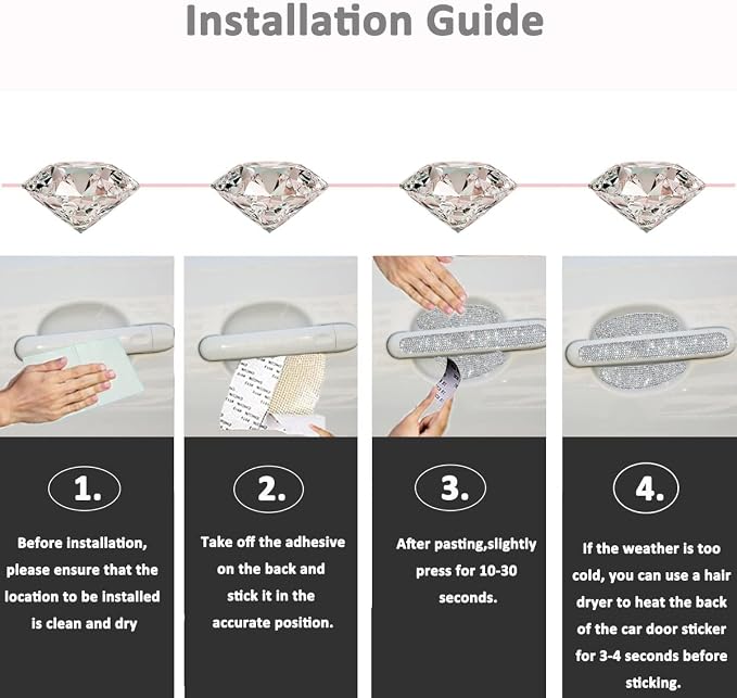 10PCS Bling Car Door Handle Reflective Trim Decals Stickers,Universal Rhinestone Door Side Rear View Mirror Scratch Resistant Protector Cover Car Accessories White