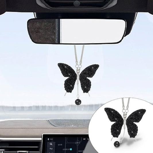JOYCOURT Bling Butterfly Diamond Car Hanging Accessories for Women, Black | Crystal Butterfly Rear View Mirror Luck Car Decoration Accessories, Valentine's Day Presents Ornament Pendant for All Cars