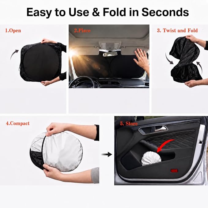 Car Windshield Sun Shade, Universal Fit Compact Sedan SUV, Classic Black | 59 x 27.5" Car Sun Visor, Foldable Front Window Sunshade, UV Heat Protection, Cute Eyes Series