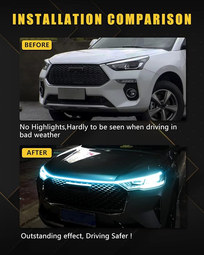 YM E-Bright Led Hood Light Strip Exterior Car Led Strip Light Waterproof Flexible DRL Dynamic Scan Start Up Hoodbeam Kit Daytime Running Lights for Car, Truck, SUV, 12V 59inch, Ice Blue, 1 Set