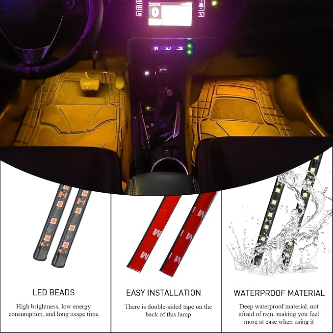 Car LED Strip Light, Car Interior Lights, 12V 24 LED Auto Under Dash Atmosphere Lights with USB Port, Auto Atmosphere Under Dash Lighting Kit for Vehicles (Orange, USB)