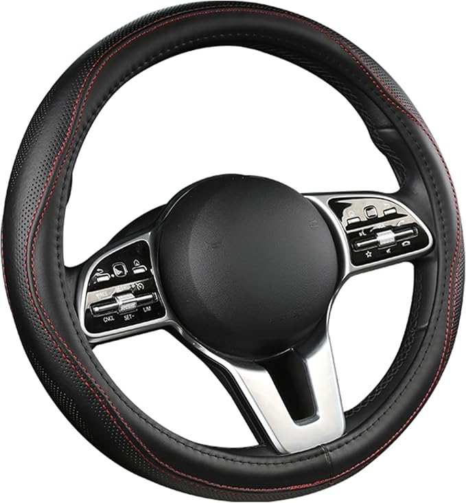 Genuine Leather Steering Wheel Cover, Black Real Cowhide for 14.5-15 Inch Steering Wheels, Universal Fit for Cars and Trucks (BlackRed)