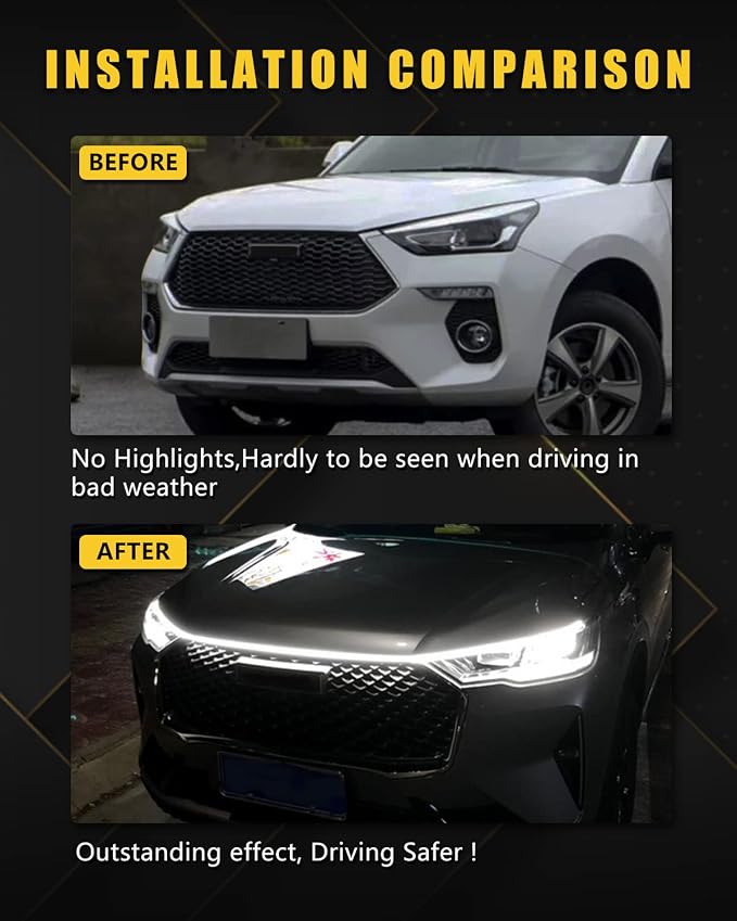 YM E-Bright Led Hood Light Strip Flexible Waterproof Dynamic Scan Start Up Hoodbeam Kit DRL Daytime Running Lights Exterior Led Lights for Cars, Truck, SUV, 12V White 240CM/94inch, 1 Set