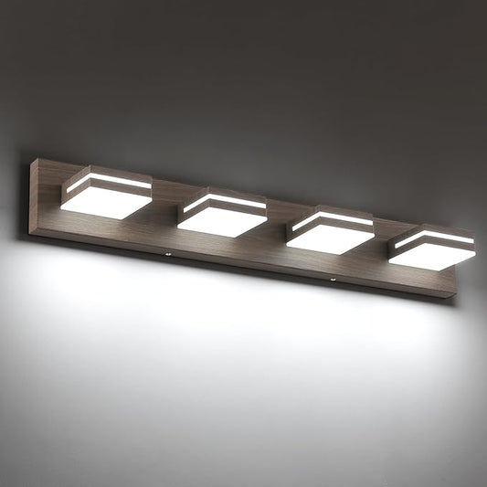 SineRise LED Modern Bathroom Vanity Light Fixtures (4-Light, 30-Inch, Dimmable), Brown Wood Painted Modern Acrylic Bathroom Wall Lighting Fixtures Over Mirror (Cool White 6000K)