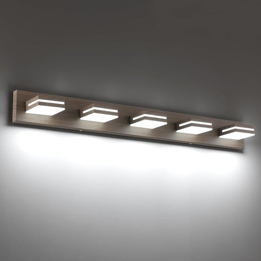 SineRise LED Modern Bathroom Vanity Light Fixtures (5-Light, 40-Inch, Dimmable), Brown Wood Painted Modern Acrylic Bathroom Wall Lighting Fixtures Over Mirror (Cool White 6000K)