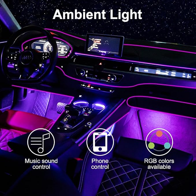 Car LED Interior Strip Lights, TEKSHINNY RGB Car Interior LED Light Wireless APP and Remote Control, 5 in 1 Ambient Lighting Kit with 236 Inches Fiber Optic, EL Wire Lights for Car Inside