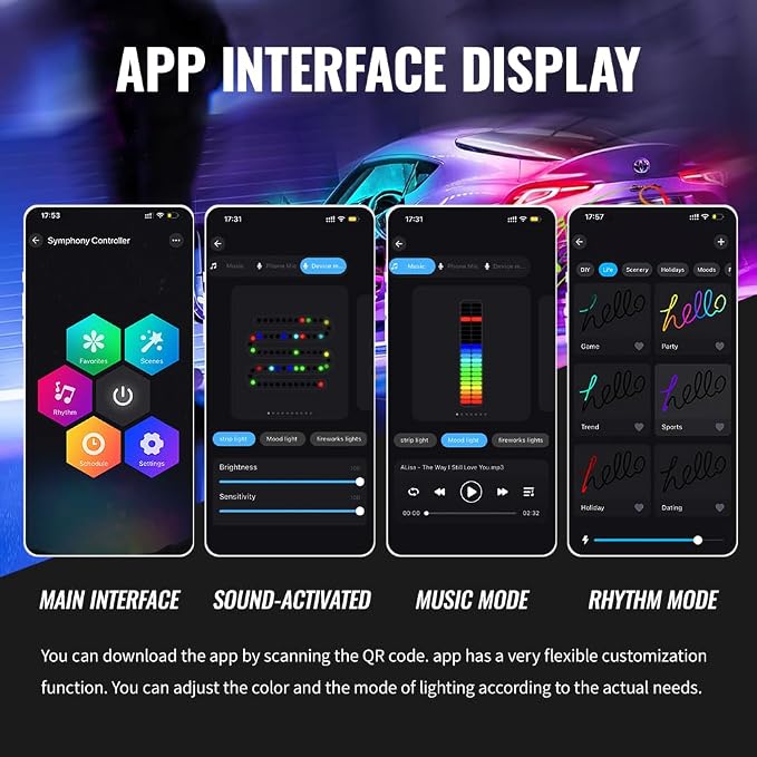 Acrylic Ambient Lighting Car Interior Kit, 4 in 1 Dream Color Acrylic Led Strips Fiber Optic Lights with APP, 116 inches USB Flexible Neon Music Sync 16 Million Colors Dashboard Center Console Lights