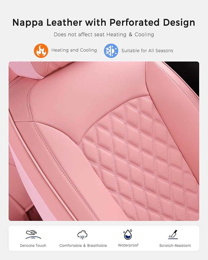 Huidasource Pink Seat Covers, Nappa Leather Car Seat Covers, Velcro Adjustable, Compatible with Airbags, Child Seat, Seat Belts, Fit for Most Cars, Vans, Trucks, SUVs (Full Set/Pink)