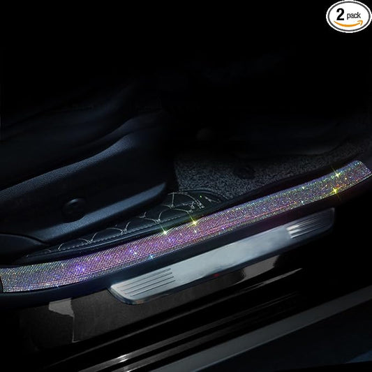 Car Door Sill Protector with Bling Rhinestones 2PCS Edge Guard Scuff Cover Anti-Scratch Strip Sticker for Car 2.75"x23.62" (Colorful)