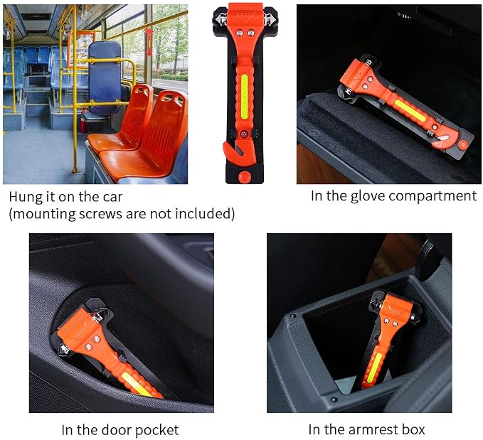 2PCS Car Safety Hammer Emergency with Seat Belt Cutter and Vehicle Window Glass Breaker | for Escape Tool with Reflective Tape