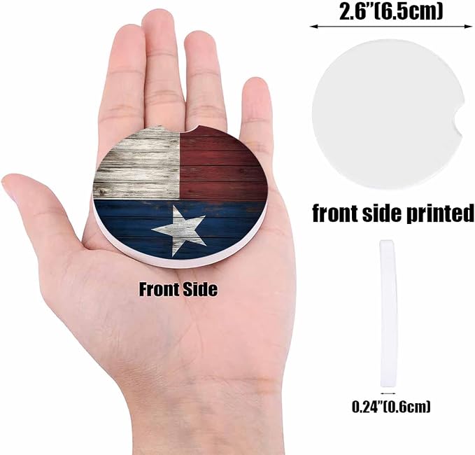 Small Car Coasters for Cup Holders 2.65" Absorbent 6 Pack Car Coaster Ceramic Stone for Drinks Absorb Water Drops State Flag Vintage Wood Grain