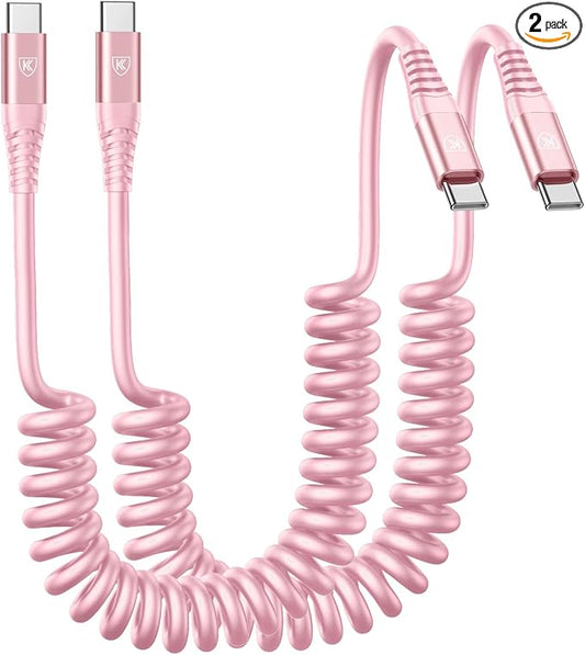 USB C to C Cable 6FT, 2Pack Coiled USB C Fast Charging Cable for CarPlay | iPhone USB-C Cable/Android Auto USB C Cord, USB Type C Cable for iPhone 17/16/15/Pro Max/Samsung Galaxy S23 and More-Pink