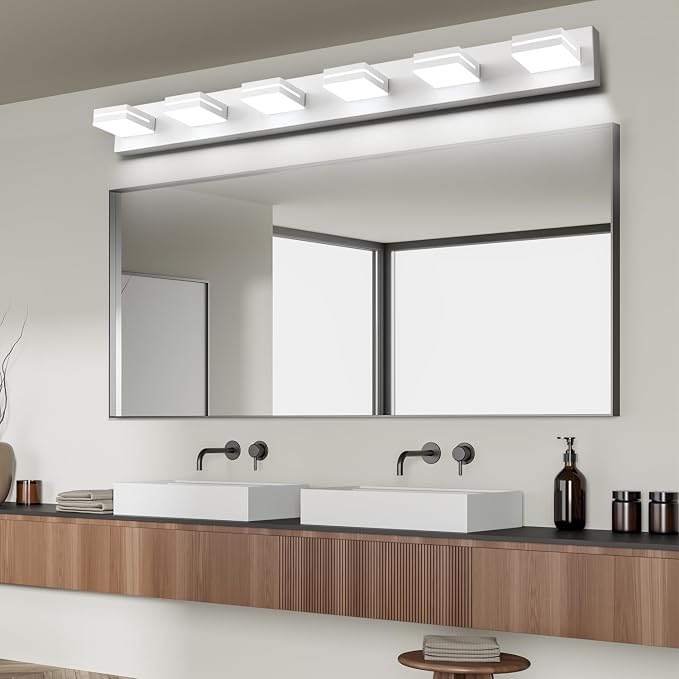 SineRise LED Modern Bathroom Vanity Light Fixtures (6-Light, 48-Inch, Dimmable), Matte White Modern Acrylic Bathroom Wall Lighting Fixtures Over Mirror (Cool White 6000K)